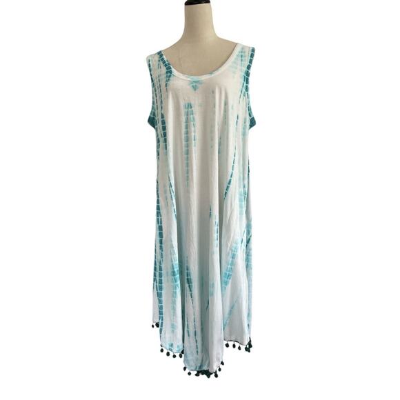 Soft Surroundings Tank Dress Women 1X Tie Dye Pom Pom Hem Pockets Casual Hippie - Picture 1 of 12